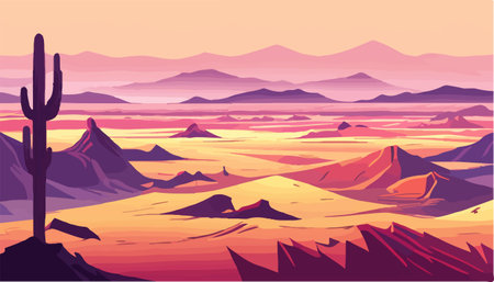 Mexico desert sunset with cactus on the background of stones and sky, vector illustrationのイラスト素材