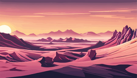 Mexico desert sunset with cactus on the background of stones and sky, vector illustrationのイラスト素材