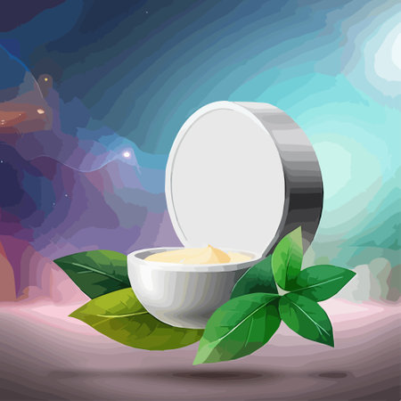 Ad for natural beauty products, skincare mock-ups decorated with green leaves and organic ingredients, vector illustrationのイラスト素材