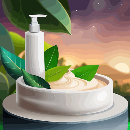 Ad for natural beauty products, skincare mock-ups decorated with green leaves and organic ingredients, vector illustrationのイラスト素材