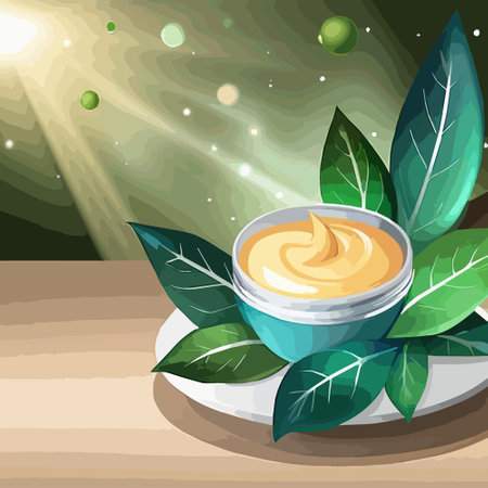 Whitening cream in package on a stand with light and tropical plants, vector illustration for cosmetic ads. Colored background with green leavesのイラスト素材