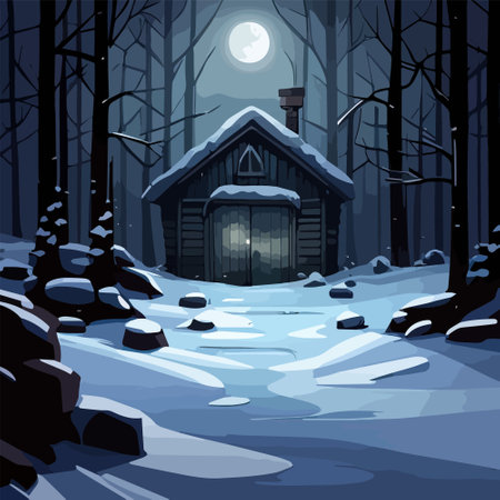 Winter fairy tale landscape, with house in a winter snowy dark forest with full moon, vector illustrationのイラスト素材