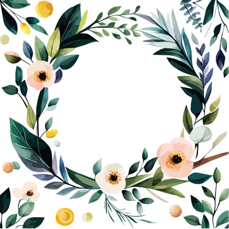 Watercolor wreath with poppy wildflowers, plants. Floral frame, botanical wedding invitation. Ethereal leaves and branches pastel colors, vector illustration isolated on white background inのイラスト素材