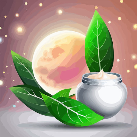 Ad for natural beauty products, skincare mock-ups decorated with green leaves and organic ingredients, vector illustrationのイラスト素材