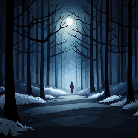 Winter fairy tale landscape, with house in a winter snowy dark forest with full moon, vector illustrationのイラスト素材