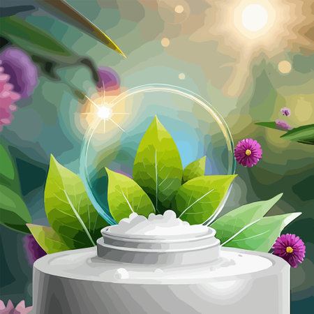 Vector illustration cream ads, product stands open on podium with leaves and bokeh on background, natural skin care cosmetics conceptのイラスト素材
