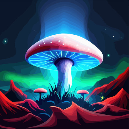 Glowing spotted fluorescent mushroom, mystic luminescent forest, psychedelic colors, vector illustration. Vector illustrationのイラスト素材