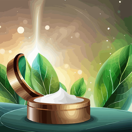 Ad for natural beauty products, skincare mock-ups decorated with green leaves and organic ingredients, vector illustrationのイラスト素材