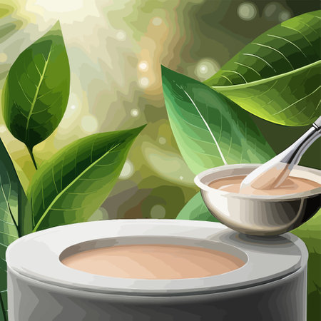 Jar with skin care cream among green leaves. Mockup of organic natural ingredients beauty product on plants background with copy space, vector illustrationのイラスト素材