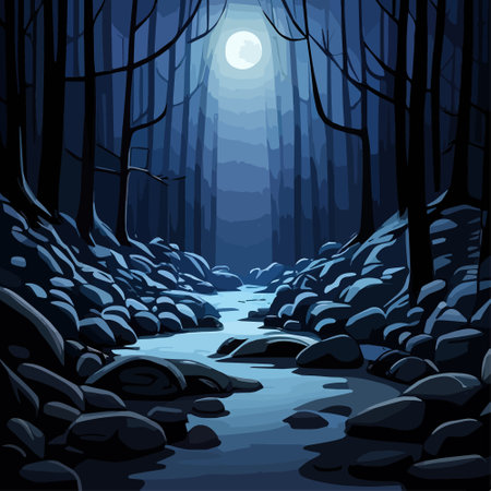 Winter fairy tale landscape, with house in a winter snowy dark forest with full moon, vector illustrationのイラスト素材