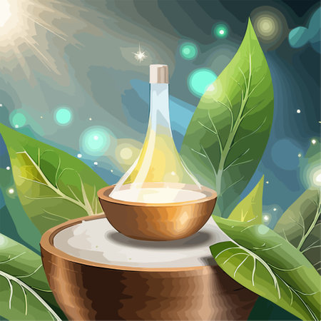 Jar with skin care cream among green leaves. Mockup of organic natural ingredients beauty product on plants background with copy space, vector illustrationのイラスト素材