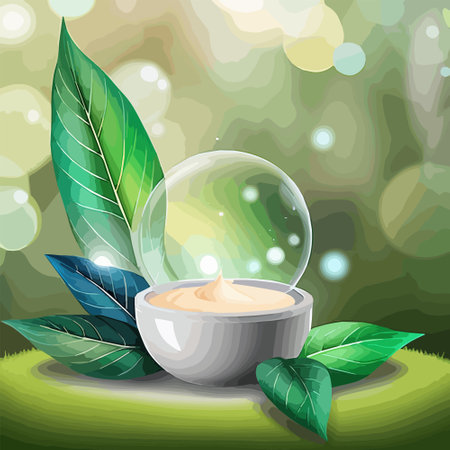 Vector illustration cream ads, product stands open on podium with leaves and bokeh on background, natural skin care cosmetics conceptのイラスト素材