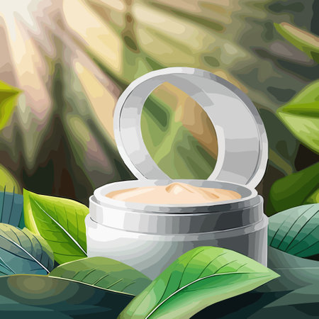 Ad for natural beauty products, skincare mock-ups decorated with green leaves and organic ingredients, vector illustrationのイラスト素材