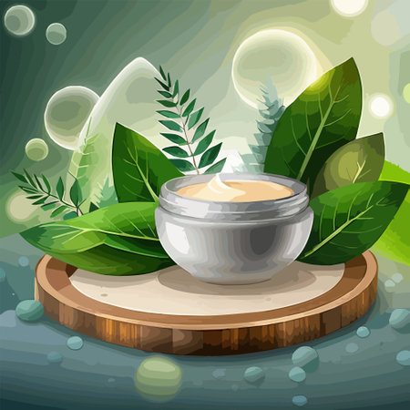 Whitening cream in package on a stand with light and tropical plants, vector illustration for cosmetic ads. Colored background with green leavesのイラスト素材
