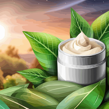 Whitening cream in package on a stand with light and tropical plants, vector illustration for cosmetic ads. Colored background with green leavesのイラスト素材