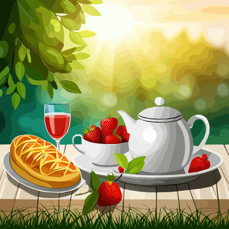 Rustic countryside picnic, with fresh portico and juice, against backdrop rolling hills, vector illustrationのイラスト素材