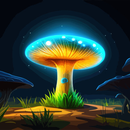 beautiful closeup fantasy magic mushroom in fairy forest, fireflies bokeh lighting background, art design wallpaper vector illustration. Vector illustrationのイラスト素材