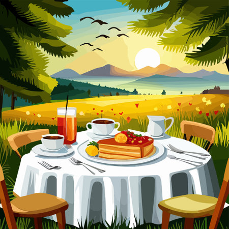 Vector illustration nature scene with tables with food mountains at background. Picnic with fruits and cake and baguette. Cartoon style.のイラスト素材