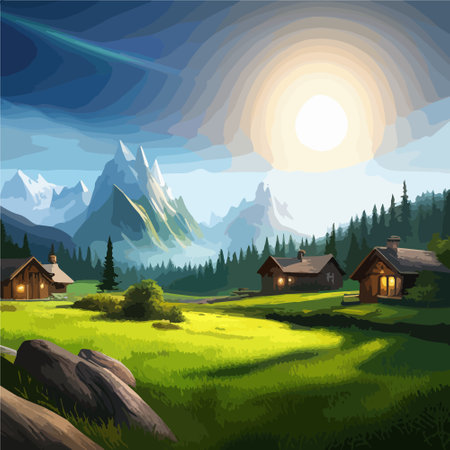 Cottage at mountain background on green meadow, wooden house sunrise scenery landscape. wood home , game background, Cartoon vector illustrationのイラスト素材