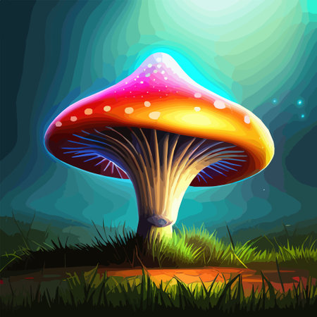 Magical mushroom in fantasy enchanted fairy tale forest with lots of brighness and lighting. vector illustration. Vector illustrationのイラスト素材