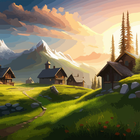 a painting of a cabin on a green meadow with a coniferous forest with mountains in the background. vector illustration. Vector illustrationのイラスト素材