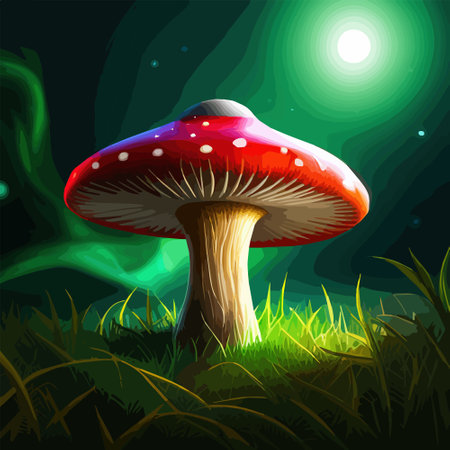 beautiful closeup fantasy magic mushroom in fairy forest, fireflies bokeh lighting background, art design wallpaper vector illustration. Vector illustrationのイラスト素材