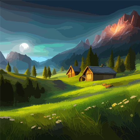 Majestic view of a wood log touristic cabin with a mountain in the background. Beautiful serene rustic landscape vector illustration.のイラスト素材