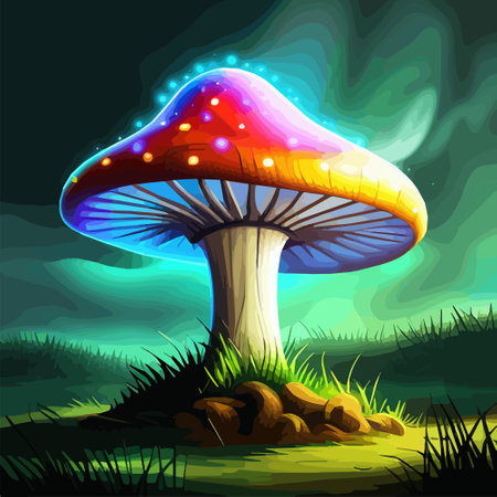 Magical Mushroom in fantasy enchanted fairy tale forest at night, vector illustration. Vector illustrationのイラスト素材