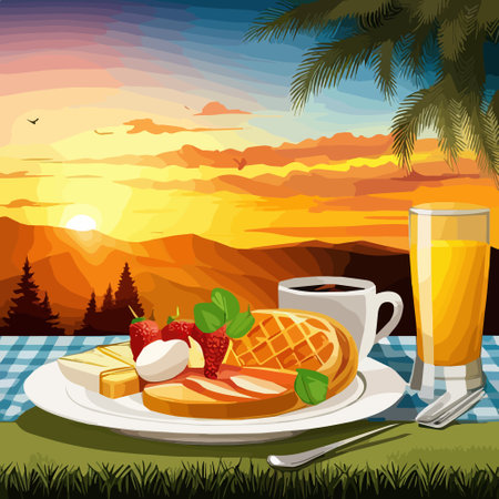 Vector illustration nature scene with tables with food mountains at background. Picnic with fruits and cake and baguette. Cartoon style.のイラスト素材