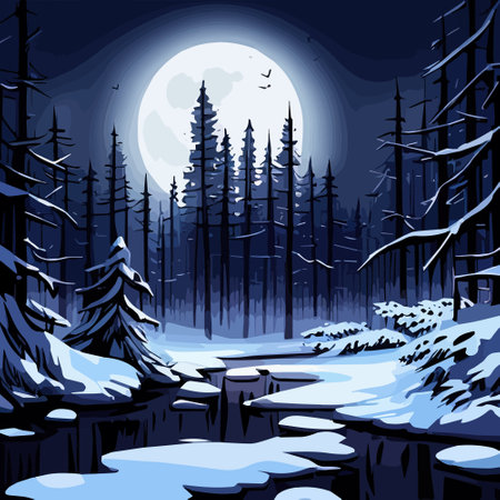 Small wooden hut in fairy dark forest in snowy Around hut on snow trail, vector illustrationのイラスト素材