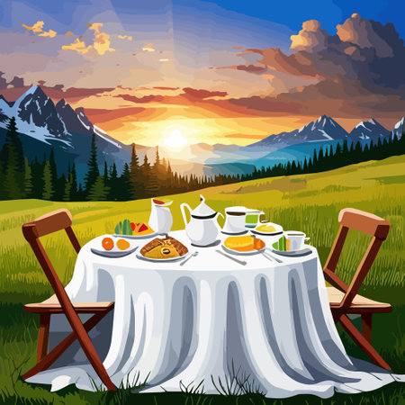 An outdoor picnic table with colorful spread food and drinks, with surrounding nature as a backdrop, vector illustrationのイラスト素材