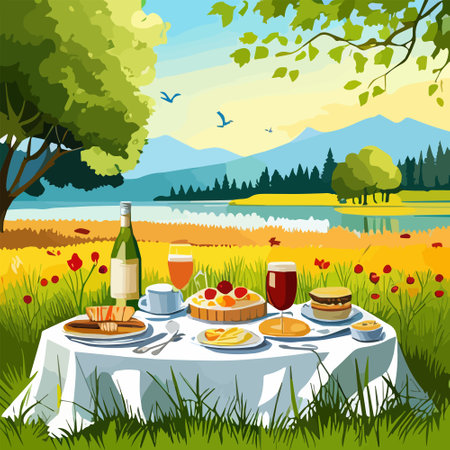 Vector illustration nature scene with tables with food mountains at background. Picnic with fruits and cake and baguette. Cartoon style.のイラスト素材