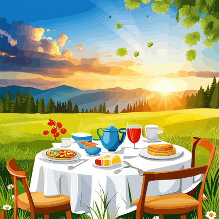 Picnic table with festive centerpiece and snacks for al fresco dining, against the backdrop of nature on a sunny day, vector illustrationのイラスト素材