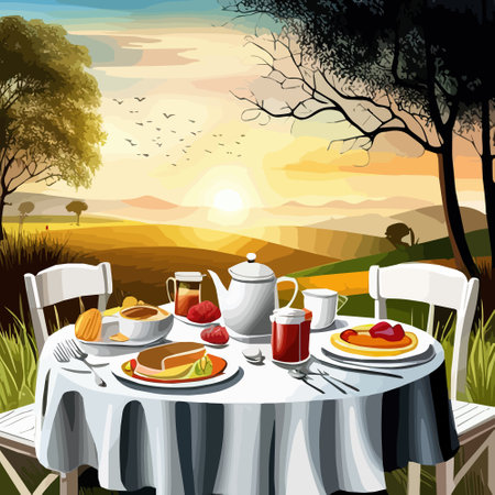 An outdoor picnic table with colorful spread food and drinks, with surrounding nature as a backdrop, vector illustrationのイラスト素材