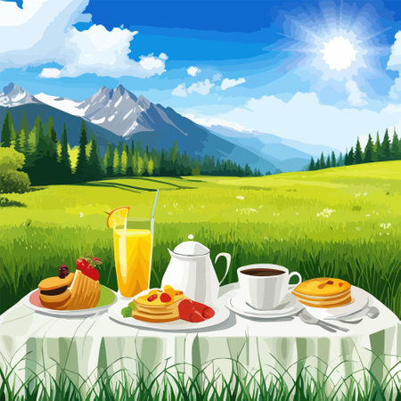 Rustic countryside picnic, with fresh portico and juice, against backdrop rolling hills, vector illustrationのイラスト素材