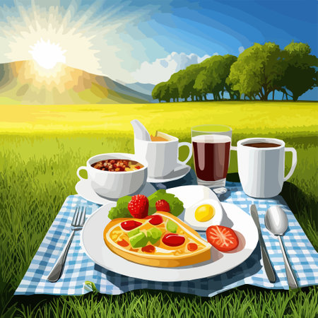 An outdoor picnic table with colorful spread food and drinks, with surrounding nature as a backdrop, vector illustrationのイラスト素材