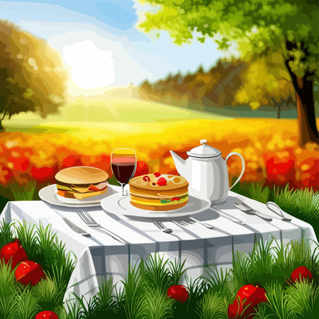 Rustic countryside picnic, with fresh portico and juice, against backdrop rolling hills, vector illustrationのイラスト素材