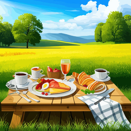 An outdoor picnic table with colorful spread food and drinks, with surrounding nature as a backdrop, vector illustrationのイラスト素材