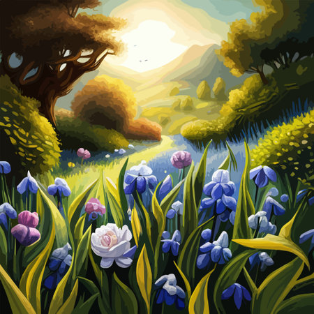 Pink Peony flowers in garden close-up. In background forest are visible. Summer landscape vector illustrationのイラスト素材