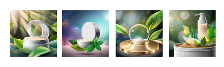 Banner set Cosmetic natural cream in jars over colored background with green leaves. Vector illustrationのイラスト素材