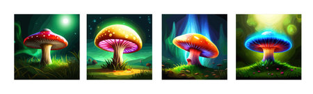 banner set Fabulous big mushroom in a magical forest. Fantasy Mushrooms, illustration for the book cover. Amazing landscape of nature. vector illustration. Vector illustrationのイラスト素材