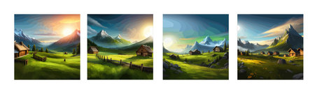 banner set Hut in front of rocky mountains. wooden House on a green meadow Modern vector illustration mountain landscapeのイラスト素材
