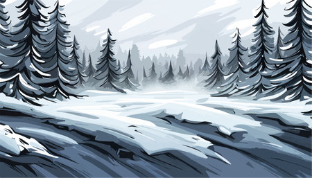 Winter forest in mountains covered in snow. snow covered fir trees landscape vector illustration. Vector illustrationのイラスト素材