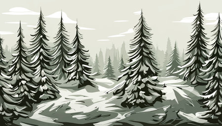 banner winter forest in the morning on the background of mountains vector illustration. Vector illustrationのイラスト素材