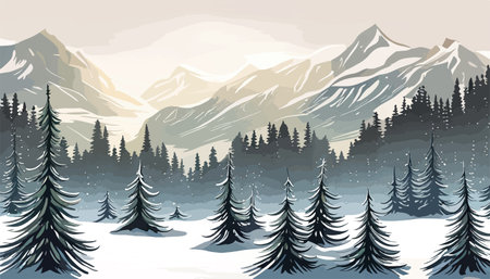Winter forest in mountains covered in snow. snow covered fir trees landscape vector illustration. Vector illustrationのイラスト素材