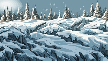 Winter Forest Landscape Christmas Background, Pine Snow Trees Woods Against Mountains Vector Illustration. Vector illustrationのイラスト素材