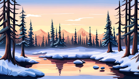 banner winter forest in the morning on the background of mountains vector illustration. Vector illustrationのイラスト素材