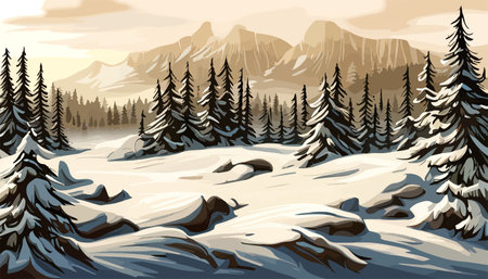 vector illustration winter mountain landscape with pine trees and mountains. Vector illustrationのイラスト素材