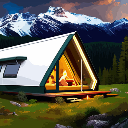 Sunny day landscape illustration in flat style with tent, m forest Background for summer camp, nature tourism, camping or hiking design concept. vector illustration. Vector illustrationのイラスト素材
