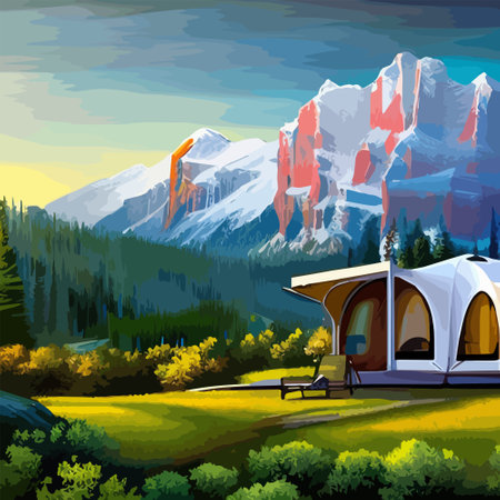 Sunny day landscape illustration in flat style with tent, m forest Background for summer camp, nature tourism, camping or hiking design concept. vector illustration. Vector illustrationのイラスト素材